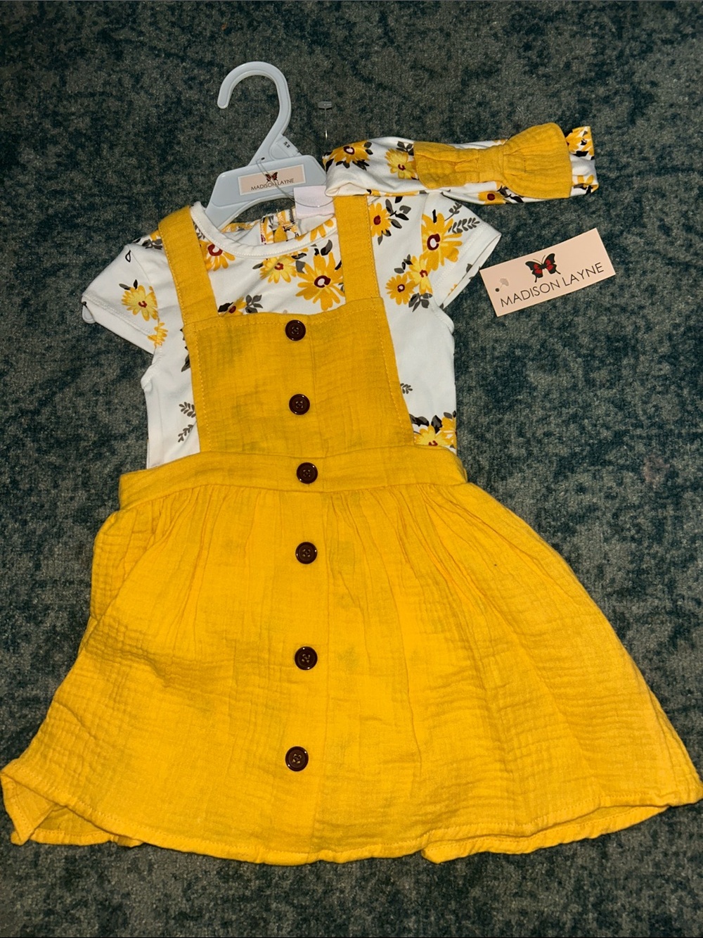 Madison Yellow Sunflower Pinafore Dress with Floral Tee & Headband